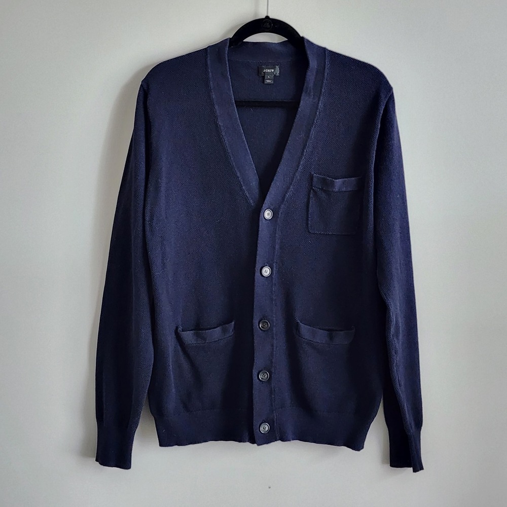 J.Crew Cardigan Mens Large Navy Blue Cotton Cashmere Pocket Sweater Luxury